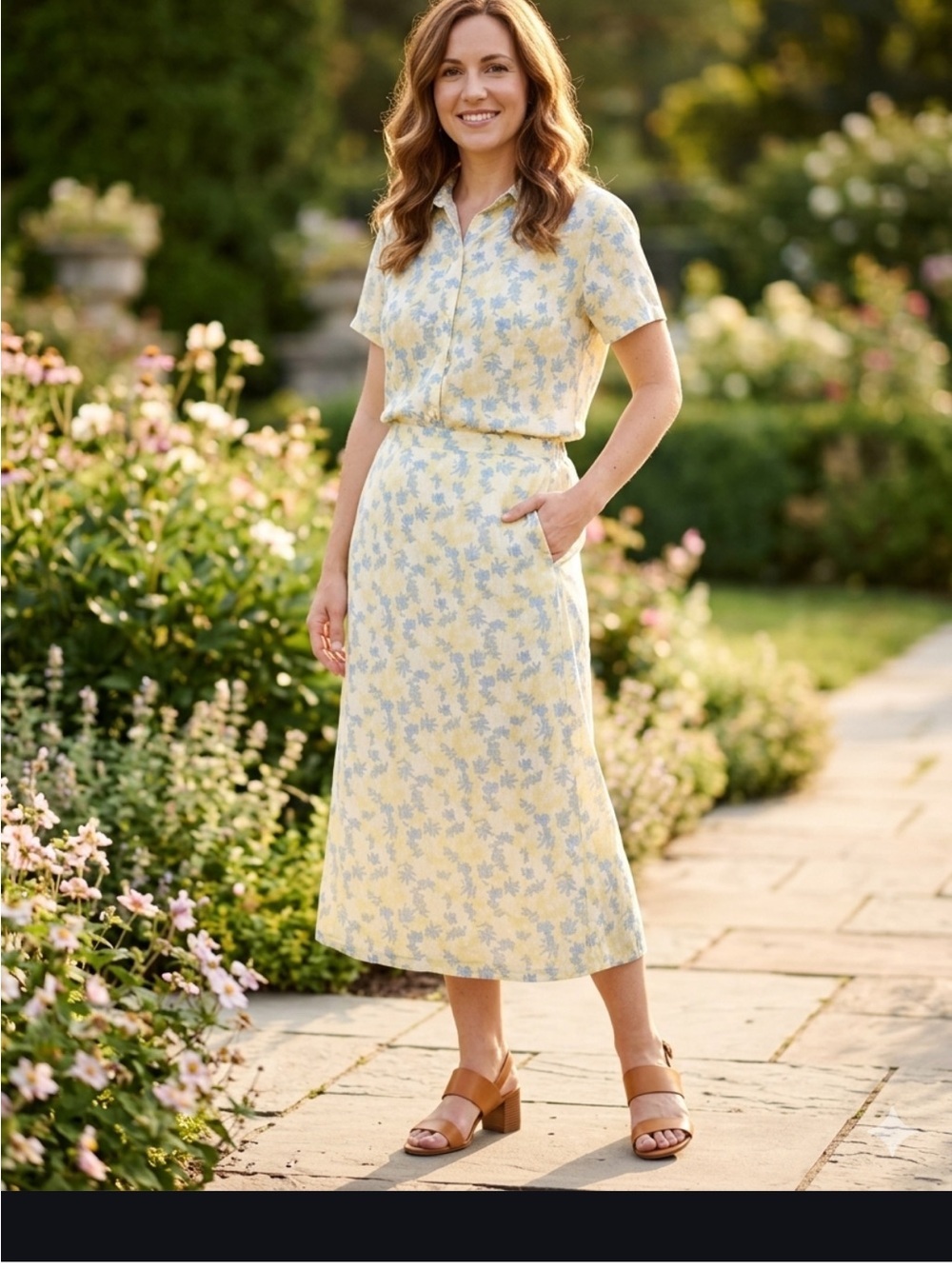 Emma James Yellow Midi Skirt with Light Blue Floral Print Size 10 100% Rayón